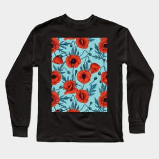 Poppies, red and blue on pool blue Long Sleeve T-Shirt
